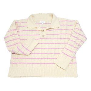 Merci Womens Cream Striped Knitted Polo‎ Sweater 3/4 Sleeve Collared Size S